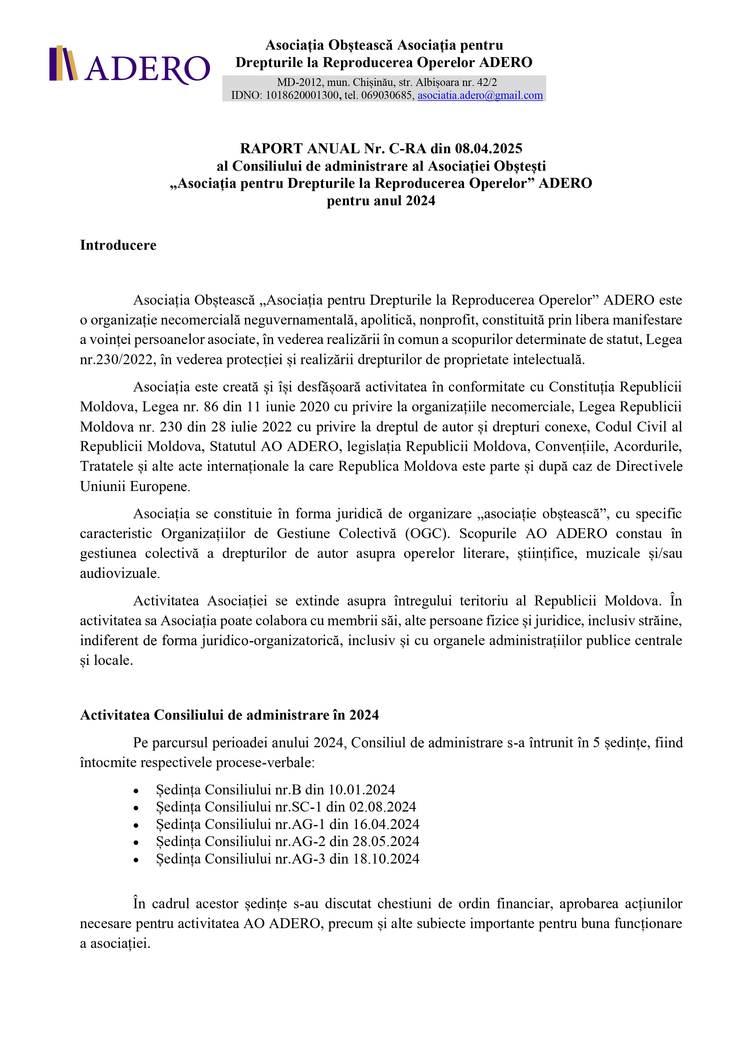 Raport anual Consiliului de administrare